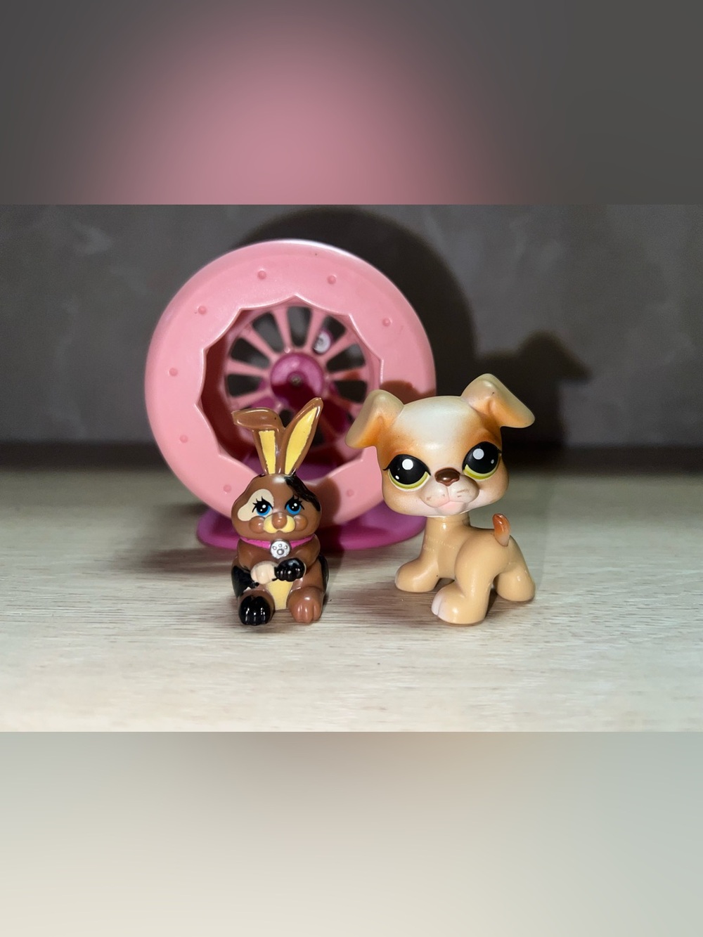 Vintage Littlest Pet Shop Boxer Puppy #235 + Snuggle Bunny + Hamster Wheel